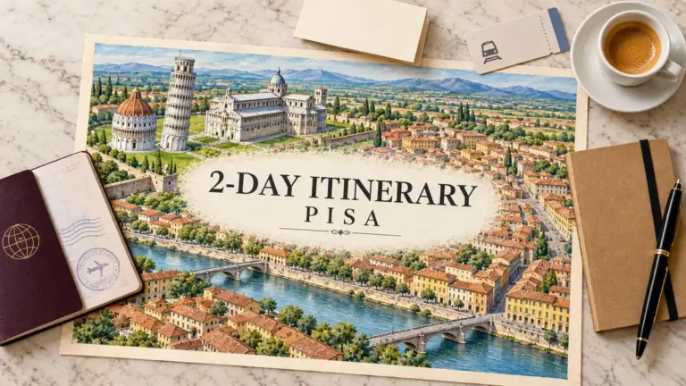 Illustrated Pisa map with the Leaning Tower and Arno, surrounded by a passport, planning card, rail ticket, coffee and notebook.