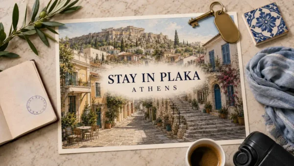 Plaka, Athens: What Staying in the Old Town Is Really Like 4 Overhead Plaka stay flat lay with an empty illustrated old-town lane, stone steps, Acropolis, passport, room key, Greek tile and travel objects.