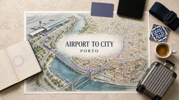 Overhead Porto airport-transport flat lay with an illustrated terminal, violet transit route, city map and Douro riverfront