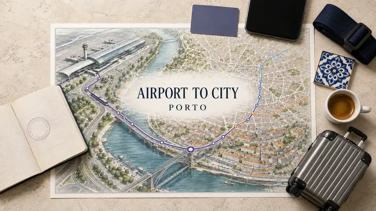 Porto Airport Transport: The Best Way to the City Centre 2 Overhead Porto airport-transport flat lay with an illustrated terminal, violet transit route, city map and Douro riverfront