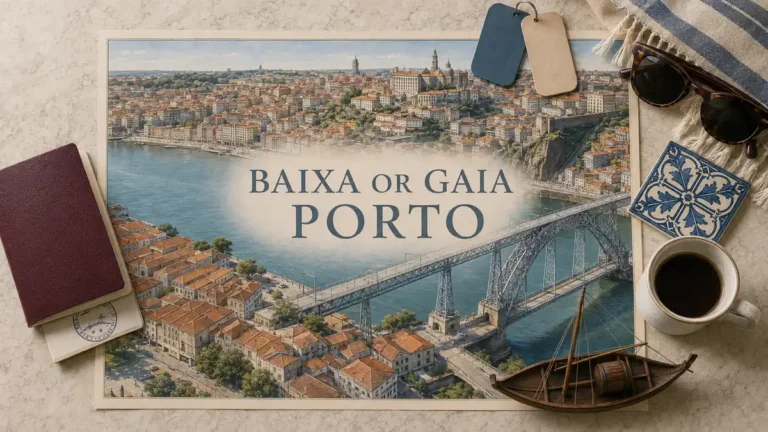 Overhead Porto stay flat lay comparing Baixa and Vila Nova de Gaia across the Douro and Dom Luís I Bridge, with passport and travel objects.