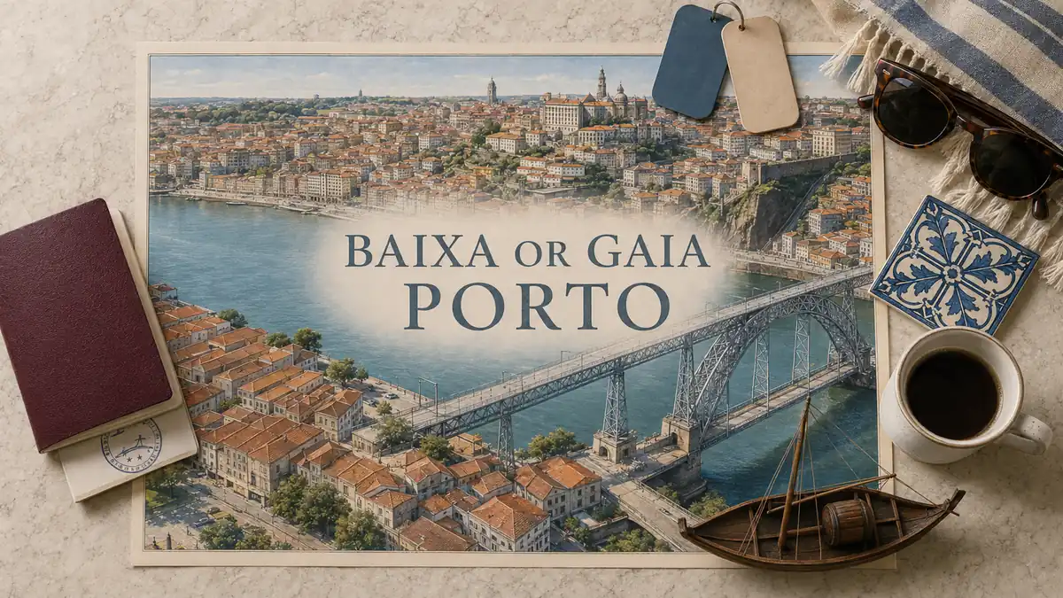 Baixa vs Vila Nova de Gaia: Where to Stay in Porto 2 Overhead Porto stay flat lay comparing Baixa and Vila Nova de Gaia across the Douro and Dom Luís I Bridge, with passport and travel objects.