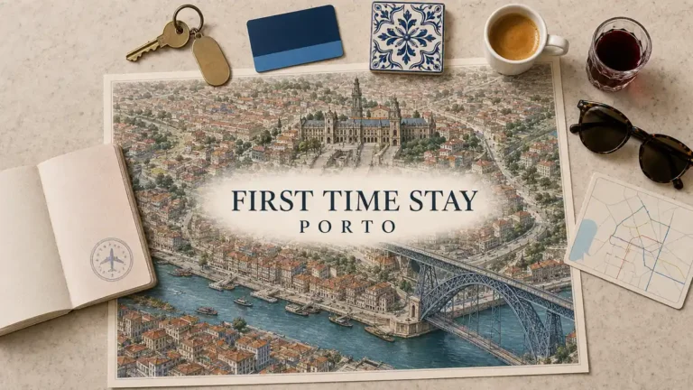 Where to Stay in Porto for First-Time Visitors: One Clear Pick 9 Overhead Porto stay map highlighting central Baixa above the Douro, Ribeira riverfront and Vila Nova de Gaia