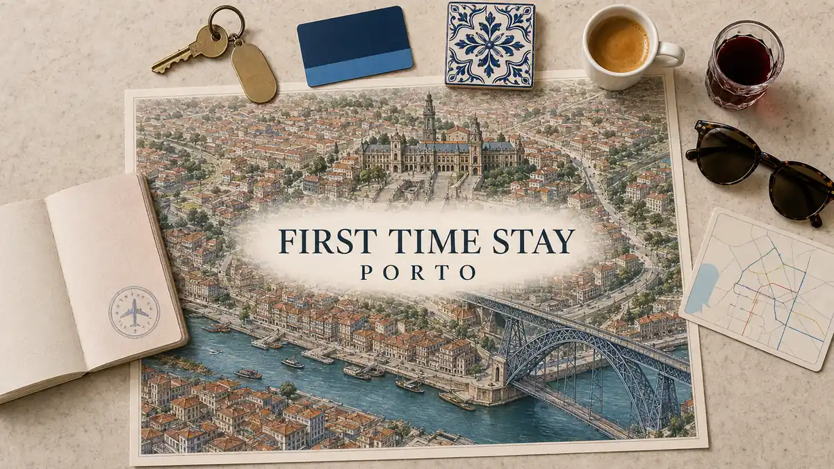 Where to Stay in Porto for First-Time Visitors: One Clear Pick 2 Overhead Porto stay map highlighting central Baixa above the Douro, Ribeira riverfront and Vila Nova de Gaia