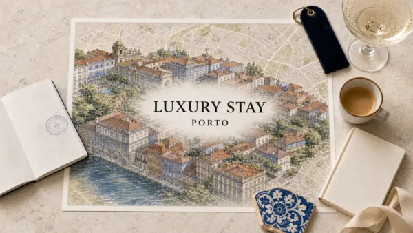 Porto luxury stay flat lay with elegant tiled buildings, rooftops and a neighborhood map