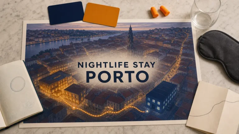 Overhead Porto nightlife-stay flat lay with an empty blue-hour city map linking an amber nightlife zone to a calm navy sleeping zone.