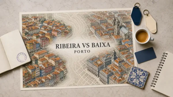 Porto stay comparison flat lay contrasting Ribeira facades with Baixa rooftops and towers