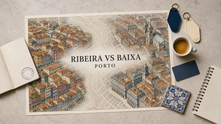 Ribeira vs Baixa: Where to Stay in Porto 5 Porto stay comparison flat lay contrasting Ribeira facades with Baixa rooftops and towers