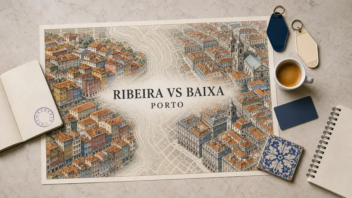 Ribeira vs Baixa: Where to Stay in Porto 2 Porto stay comparison flat lay contrasting Ribeira facades with Baixa rooftops and towers