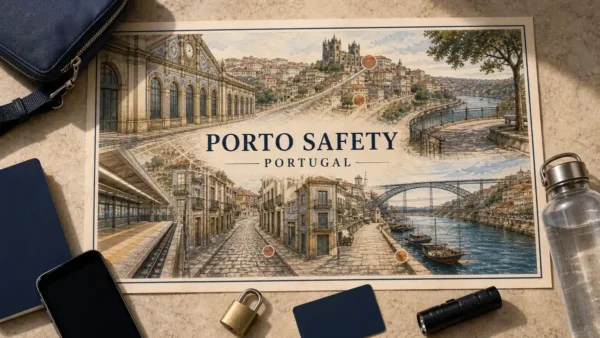 Porto safety guide flat lay with empty historic streets, station, steep cobbles, viewpoint and Douro quay