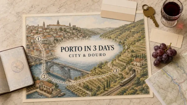 Overhead Porto three-day itinerary flat lay with an illustrated route from the historic center and Gaia to the Douro Valley, passport, train ticket, grapes and port wine.
