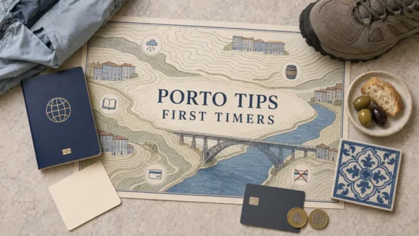 Overhead Porto tips flat lay with an empty hill map, Douro River, Dom Luis I Bridge, rain jacket, walking shoe and travel essentials