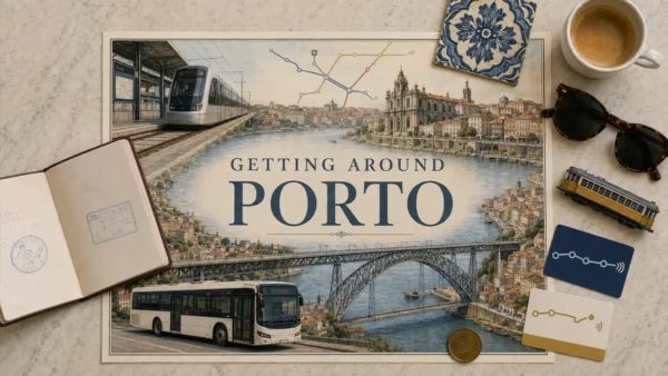 Overhead Porto transport flat lay with an empty metro train, bus, Douro, Dom Luís I Bridge, passport and transit cards.