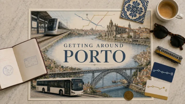 Overhead Porto transport flat lay with an empty metro train, bus, Douro, Dom Luís I Bridge, passport and transit cards.