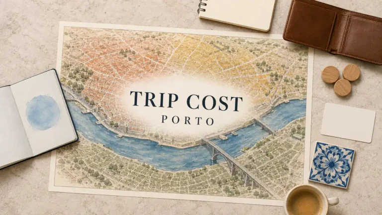 Overhead Porto trip-cost map with three budget zones, a notebook, wallet, wooden tokens, transit card, azulejo and coffee