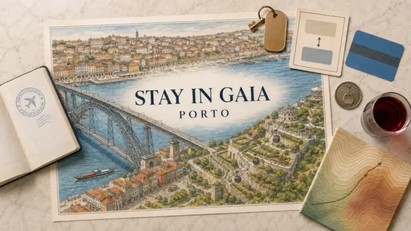Where to Stay in Vila Nova de Gaia: Pick Your Level First 18 Overhead Vila Nova de Gaia stay-planning flat lay with an illustrated two-level Douro map, Dom Luis I Bridge, passport, room key, transit card and port wine.