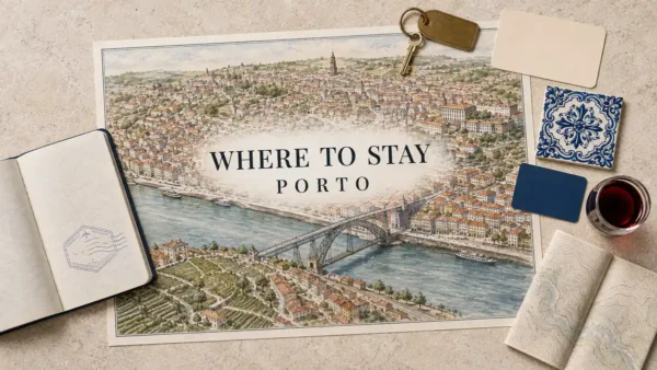 Where to Stay in Porto: Best Areas for Every Traveler 11 Overhead Porto stay-planning flat lay with an illustrated Douro map, Dom Luis I Bridge, Porto and Gaia banks, passport, room key, tile and port wine.