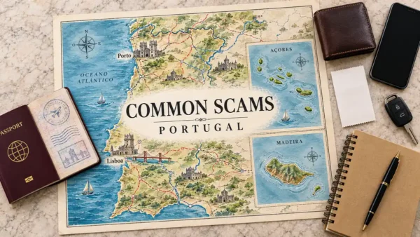 Common Scams in Portugal: How to Spot Each One and What to Do 12 Portugal route map with island insets, framed by a passport, wallet, phone, blank receipt, car key and notebook.