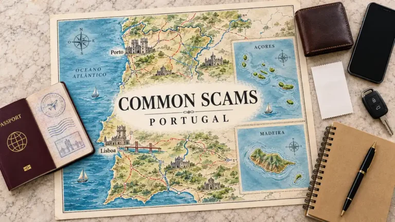 Common Scams in Portugal: How to Spot Each One and What to Do 7 Portugal route map with island insets, framed by a passport, wallet, phone, blank receipt, car key and notebook.