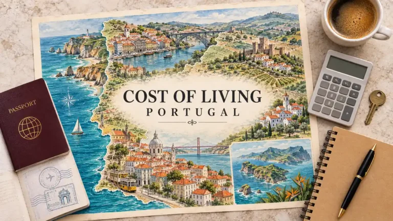 Cost of Living in Portugal for Digital Nomads: What a Month Costs 3 Portugal map framed by an open passport, calculator, house key, notebook, pen and coffee.