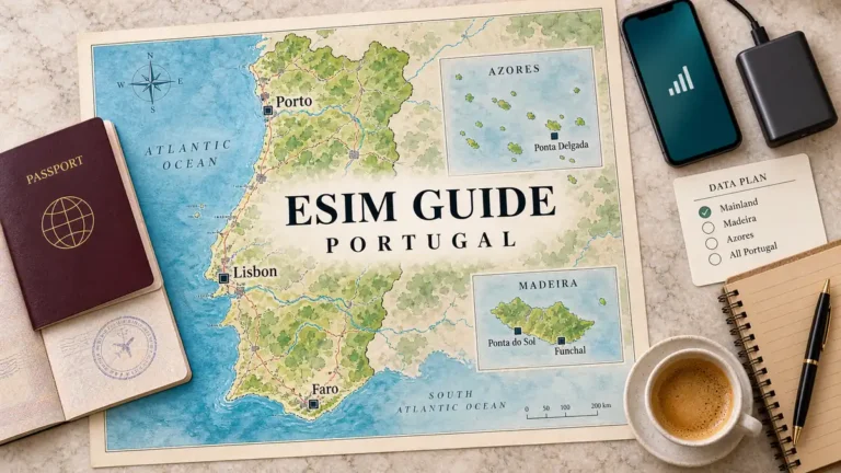 Portugal map with Madeira and Azores insets beside a phone, power bank, data-plan card and passport.