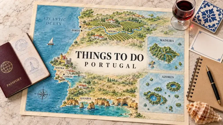 Best Things to Do in Portugal: 8 Experiences, Judged 2 Portugal map with Douro vineyards, Sintra palace, Algarve coast and Madeira and Azores insets, framed by travel objects.