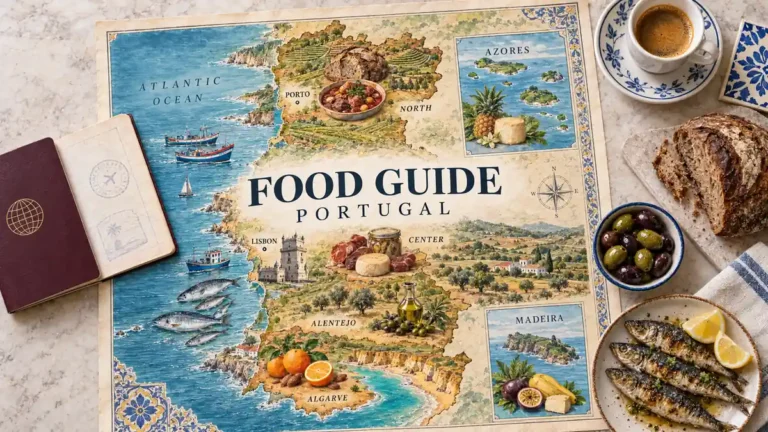 Portugal food map with regional dishes and island produce, beside a passport, grilled sardines, olives, bread, coffee, tile and linen.
