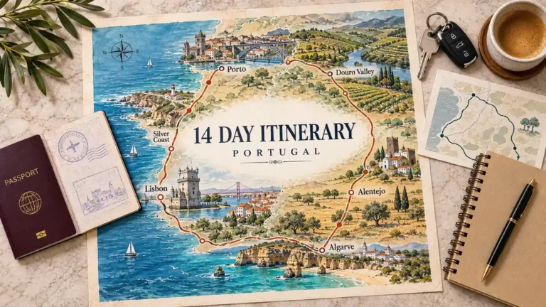Portugal in 14 Days: The Itinerary That Loops Back to Lisbon 5 Portugal fourteen-day loop map linking Lisbon, Silver Coast, Porto, Douro, Alentejo and Algarve, framed by a passport and driving-plan essentials.
