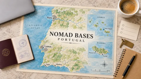 Portugal map marking Lisbon, Porto, Lagos and Albufeira, with Madeira and Azores insets, framed by remote-work planning objects.