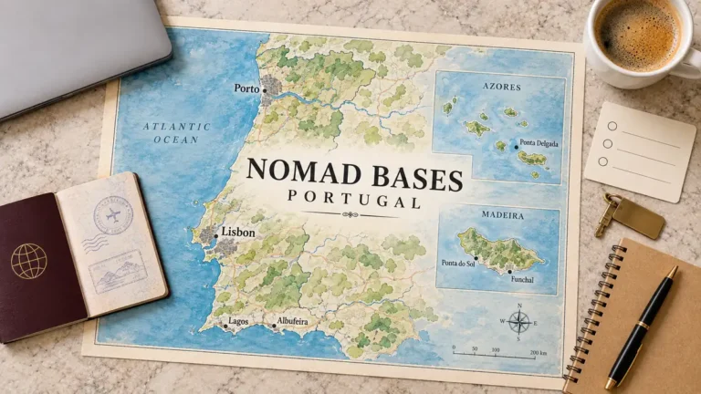 Portugal map marking Lisbon, Porto, Lagos and Albufeira, with Madeira and Azores insets, framed by remote-work planning objects.