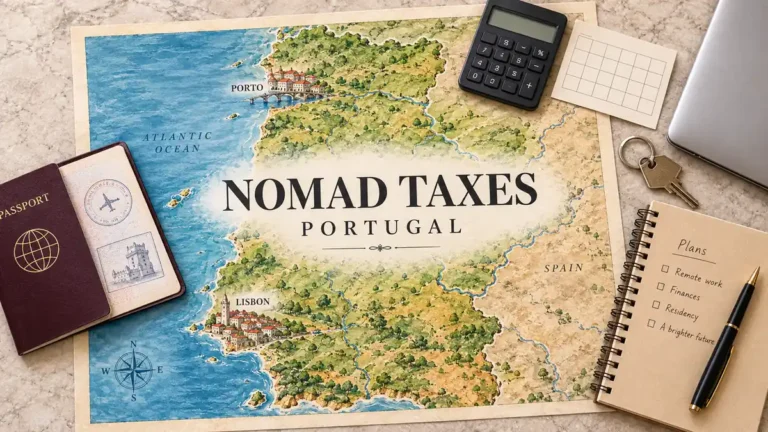Portugal map with Porto and Lisbon beside a passport, calculator, blank calendar card, laptop, key and planning notebook.