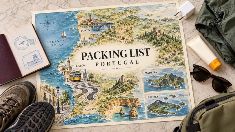 Portugal map with calçada paving and island insets, beside a passport, grip-soled shoes, rain shell, adapter, sunscreen, sunglasses and soft bag.