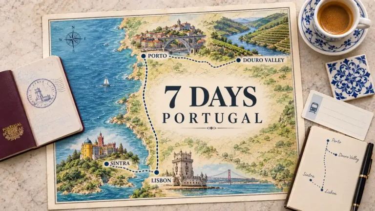 Portugal in 7 Days: The Itinerary That Picks Two Anchors 3 Portugal route map linking Lisbon and Porto with branches to Sintra and Douro Valley, beside a passport, rail ticket, coffee, tile and notebook.