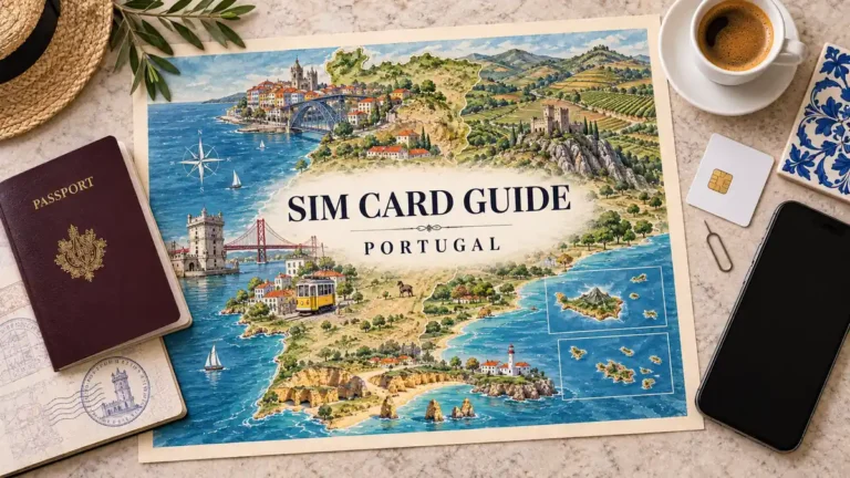 Portugal SIM card guide map with an open passport, smartphone, generic SIM card, ejector pin, coffee, tile and straw hat.