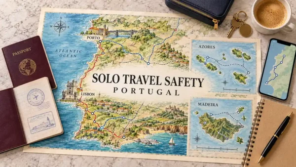 Solo Female Safety in Portugal: Safe, and Where to Take Care 12 Portugal route map with island insets, passport pages, zipped pouch, phone, room key, notebook and coffee.