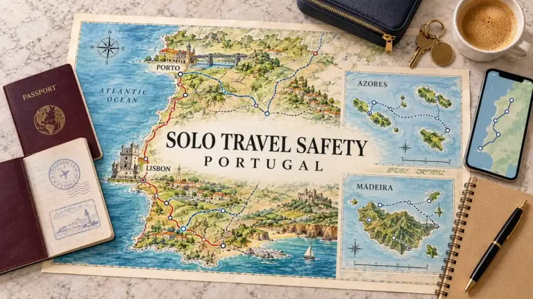 Solo Female Safety in Portugal: Safe, and Where to Take Care 6 Portugal route map with island insets, passport pages, zipped pouch, phone, room key, notebook and coffee.
