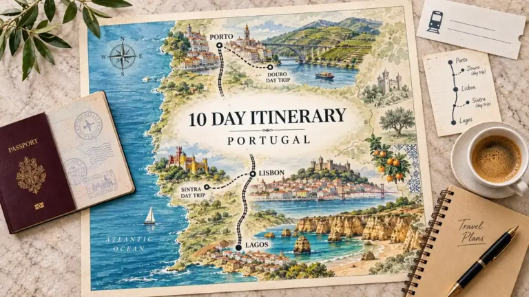 Portugal in 10 Days: Put Lisbon in the Middle 4 Portugal ten-day itinerary map linking Porto, Lisbon and Lagos with Douro and Sintra side trips, beside a passport and rail-planning essentials.