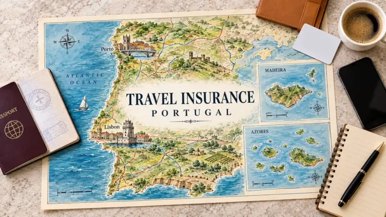 Portugal Travel Insurance: Do You Need It and What to Buy 1 Portugal route map with Madeira and Azores insets, framed by a passport, document wallet, blank card, phone and notebook.