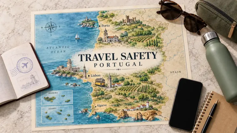Portugal map with Porto, Lisbon, Algarve and island insets, framed by a passport, zipped pouch, phone, bottle, sunglasses and notebook.