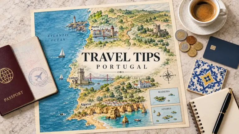 Portugal map with Porto, Lisbon, Algarve and island insets, beside a passport, coffee, coins, blank payment card, ceramic tile and notebook.