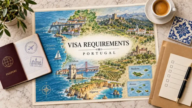 Portugal visa requirements map-poster beside an open generic passport, document folder, checklist, pen, espresso and ceramic tile.