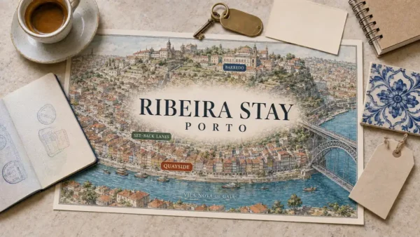 Staying in Ribeira, Porto: What It's Like and Where to Book 12 Ribeira stay map with Porto's colorful Douro waterfront, set-back lanes, Barredo hillside and iron bridge, framed by travel objects.