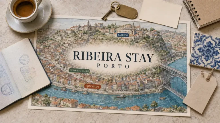 Ribeira stay map with Porto's colorful Douro waterfront, set-back lanes, Barredo hillside and iron bridge, framed by travel objects.