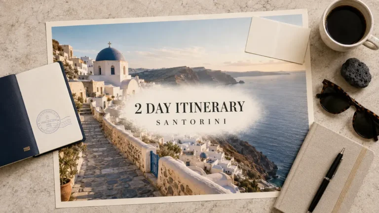 Santorini caldera poster with whitewashed buildings, a blue dome, passport and two-day planning props.