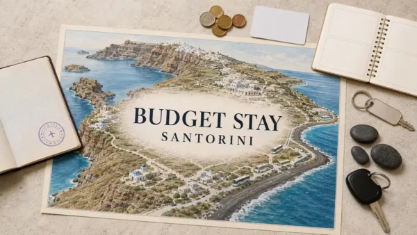 Overhead Santorini budget-stay flat lay with an illustrated island map, empty black-sand coast, buses, passport, coins and planning objects.