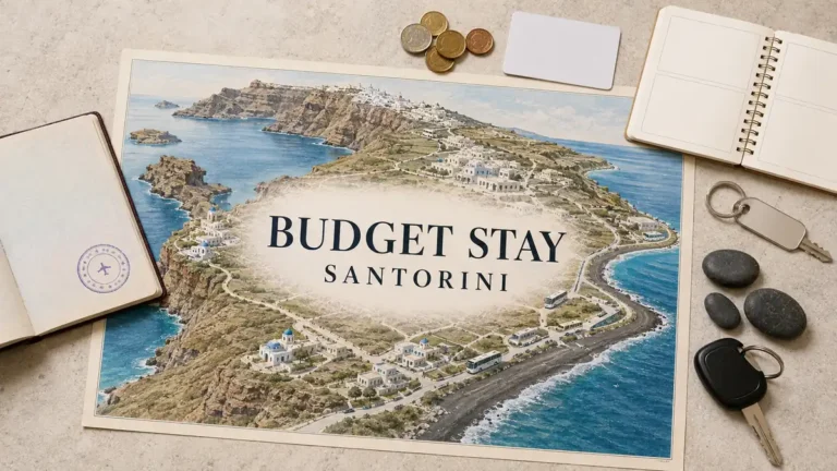 Where to Stay in Santorini on a Budget: The Cheapest Areas 9 Overhead Santorini budget-stay flat lay with an illustrated island map, empty black-sand coast, buses, passport, coins and planning objects.