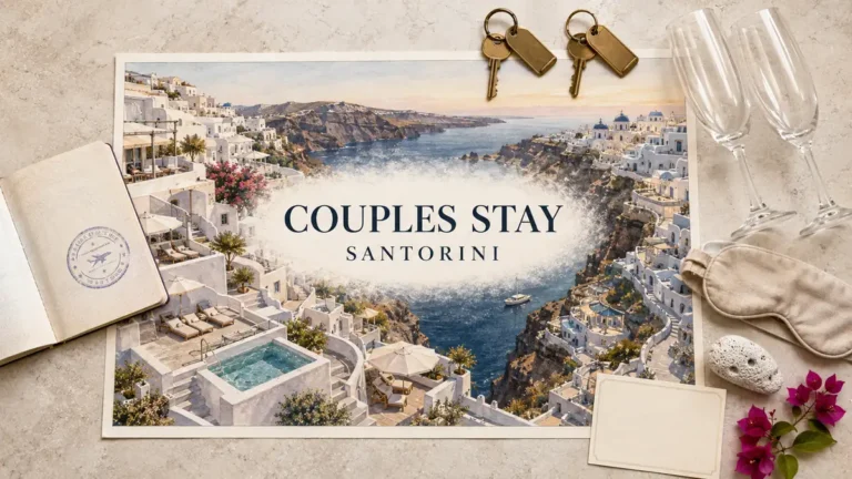 Overhead Santorini couples-stay flat lay with empty caldera terraces, plunge pool, passport, paired room keys and romantic travel objects.