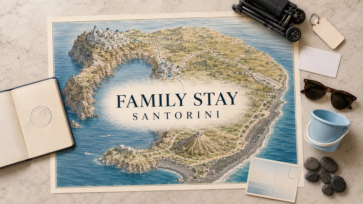 Overhead Santorini family-stay flat lay with an illustrated island map contrasting flat beach bases with stepped caldera villages.