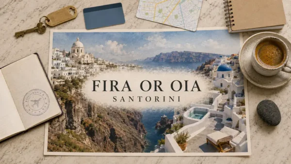 Fira vs Oia: Where to Stay in Santorini and Which Wins 5 Santorini flat lay with paired views of Fira's cliffside buildings and Oia's blue domes and empty terrace, framed by a passport and travel-planning props.