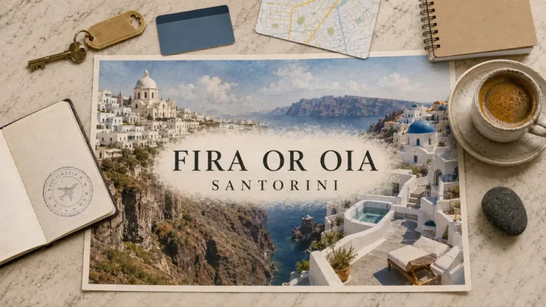 Fira vs Oia: Where to Stay in Santorini and Which Wins 6 Santorini flat lay with paired views of Fira's cliffside buildings and Oia's blue domes and empty terrace, framed by a passport and travel-planning props.